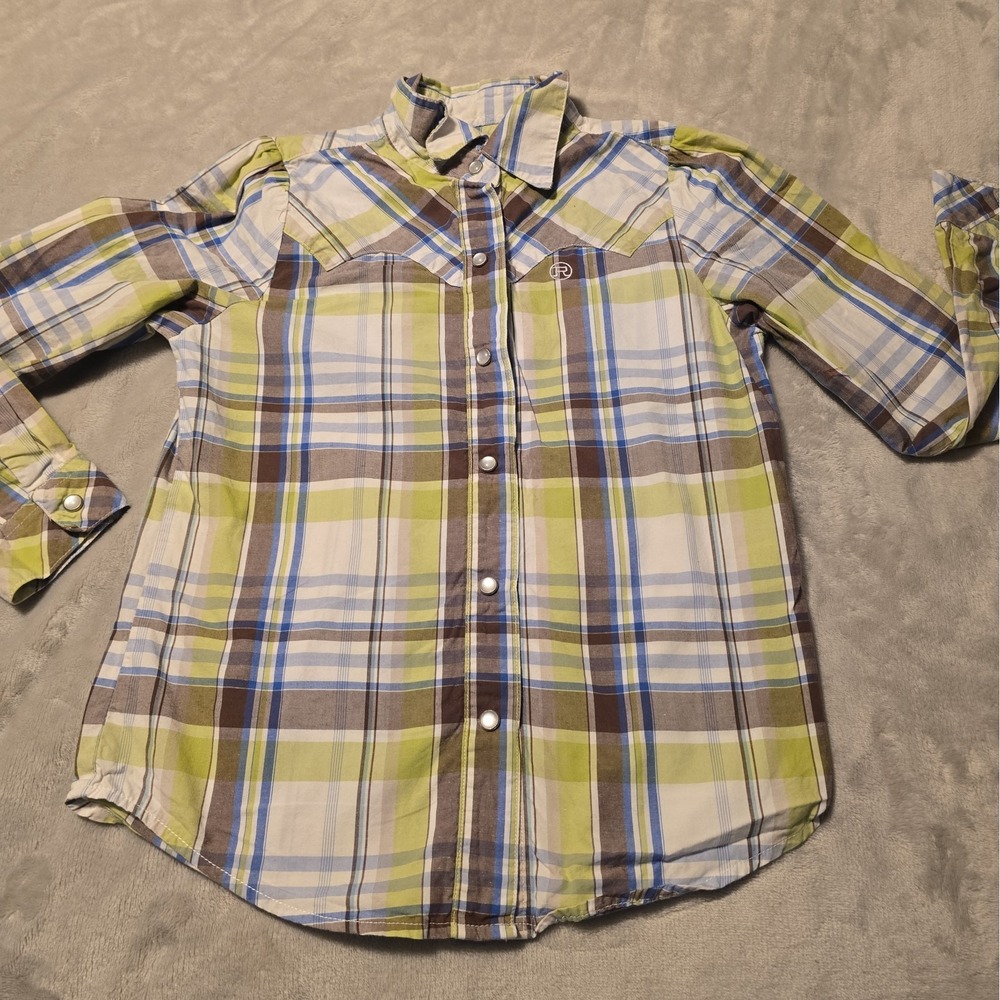 Roper Pearl Snap Shirt Boys' Med 7/8 Plaid Blue Long Sleeve Cowboy Western